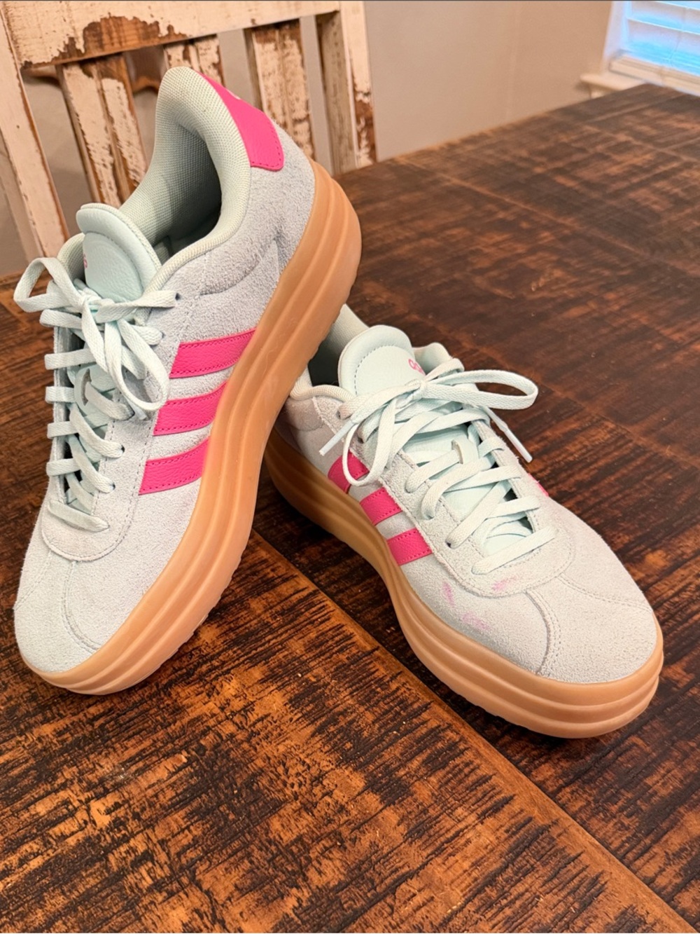adidas Mint Low-Top Sneakers with Pink Stripes and Gum Sole